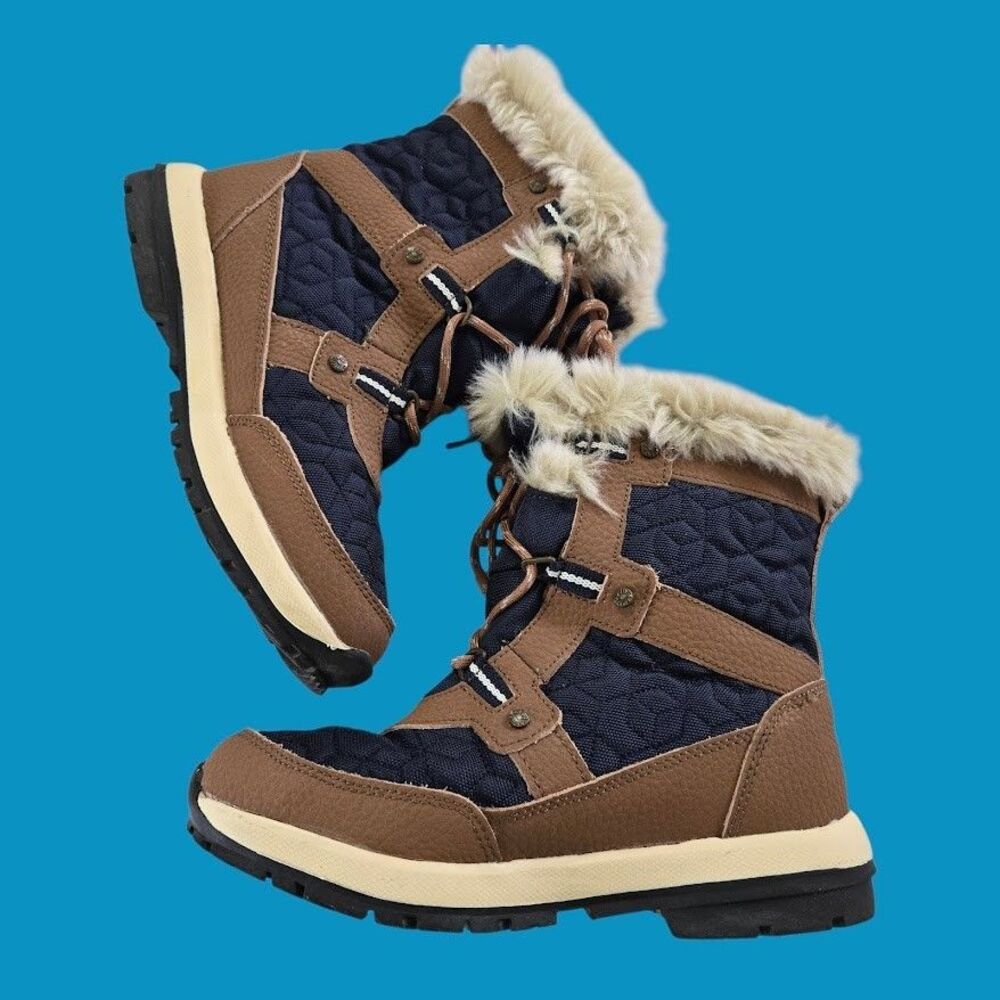 Ladies 7 Bearpaw Marina Snow Boots Waterproof Quilted Navy BRN Leather Faux Fur